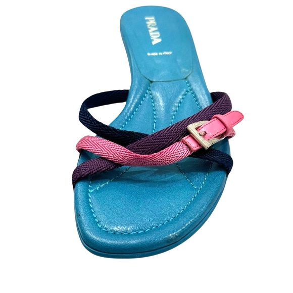 PRADA Y2K TURQUOISE BLUE KITTEN HEEL SLIDES W NAVY, PINK & PURPLE STRAPS - Picture 9 of 16